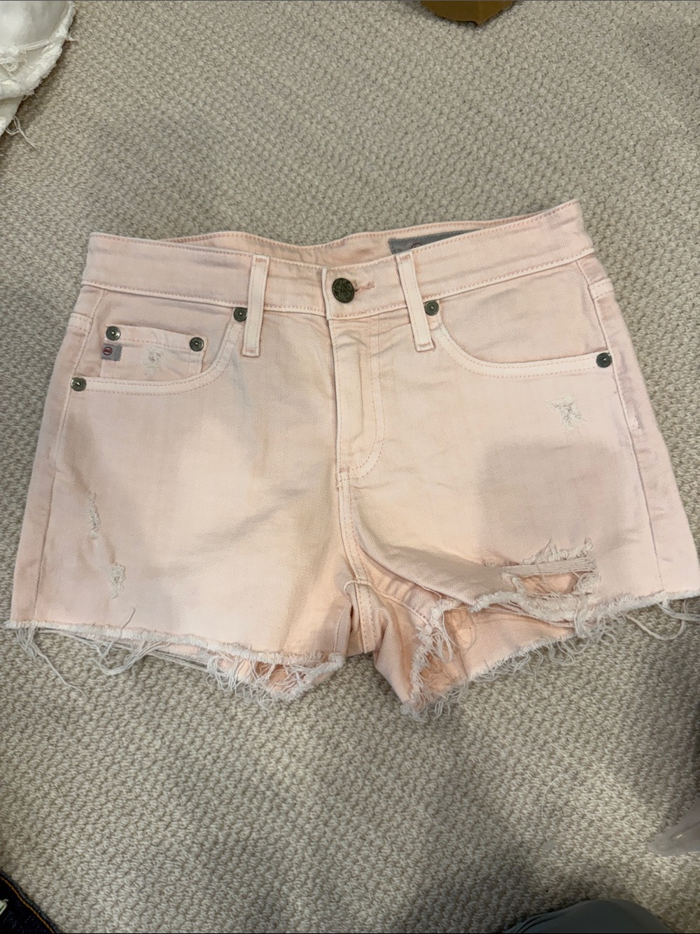 AG Adriano Goldschmied Pale Pink Distressed Denim Shorts